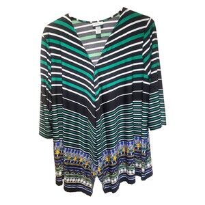 Catherines Open Cardigan  Women's 2X Green & Black Striped Geometric Beachy BOHO